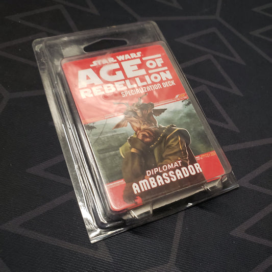 Image shows the front of the clamshell packaging for the Diplomat Ambassador Deck for the roleplaying game Star Wars: Age of Rebellion