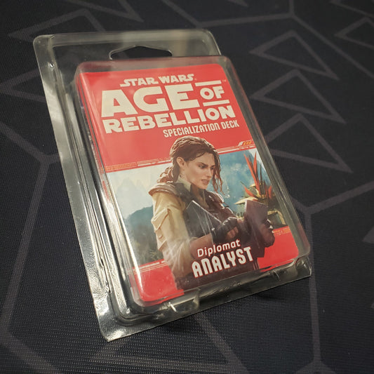 Image shows the front of the clamshell packaging for the Diplomat Analyst Deck for the roleplaying game Star Wars: Age of Rebellion