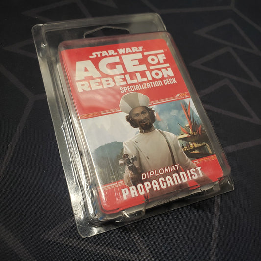 Image shows the front of the clamshell packaging for the Diplomat Propagandist Deck for the roleplaying game Star Wars: Age of Rebellion