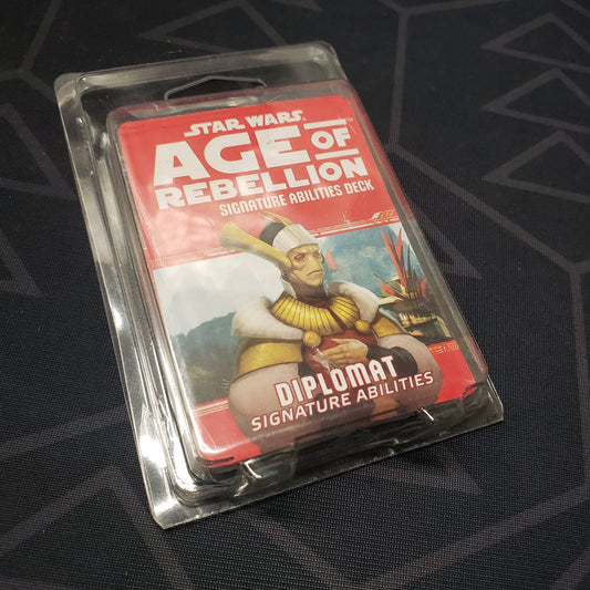 Image shows the front of the clamshell packaging for the Diplomat Signature Abilities Deck for the roleplaying game Star Wars: Age of Rebellion
