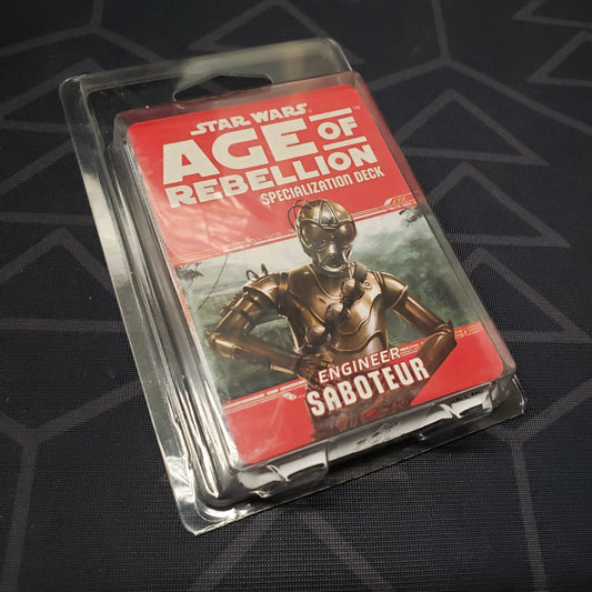 Image shows the front of the clamshell packaging for the Engineer Saboteur Deck for the roleplaying game Star Wars: Age of Rebellion