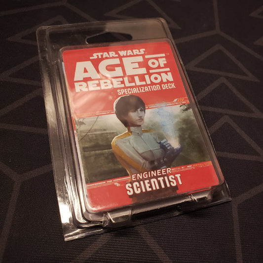 Image shows the front of the clamshell packaging for the Engineer Scientist Deck for the roleplaying game Star Wars: Age of Rebellion