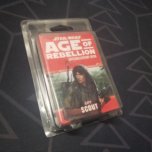 Image shows the front of the clamshell packaging for the Spy Scout Deck for the roleplaying game Star Wars: Age of Rebellion