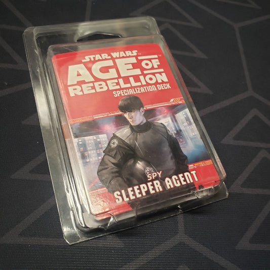Image shows the front of the clamshell packaging for the Spy Sleeper Agent Deck for the roleplaying game Star Wars: Age of Rebellion