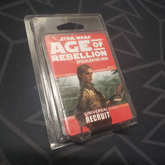 Image shows the front of the clamshell packaging for the Universal Recruit Deck for the roleplaying game Star Wars: Age of Rebellion