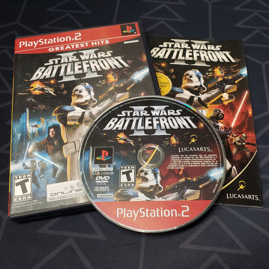 Image shows the case, manual & disc for the video game Star Wars Battlefront II for Playstation 2