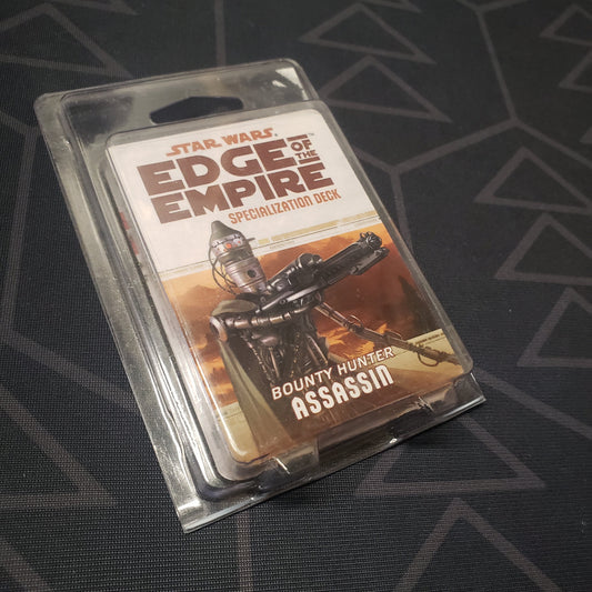 Image shows the front of the clamshell packaging for the Bounty Hunter Assassin Deck for the roleplaying game Star Wars: Edge of the Empire