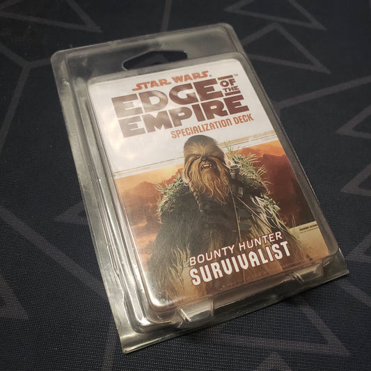 Image shows the front of the clamshell packaging for the Bounty Hunter Survivalist Deck for the roleplaying game Star Wars: Edge of the Empire