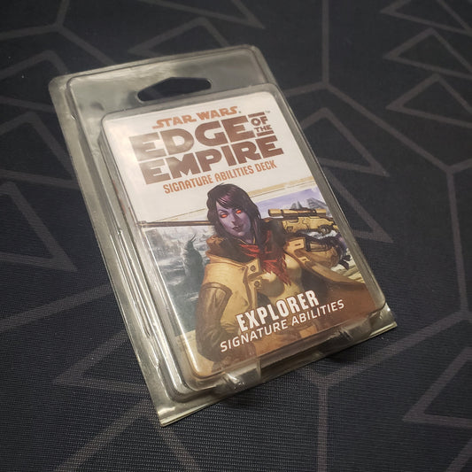 Image shows the front of the clamshell packaging for the Explorer Signature Abilities Deck for the roleplaying game Star Wars: Edge of the Empire