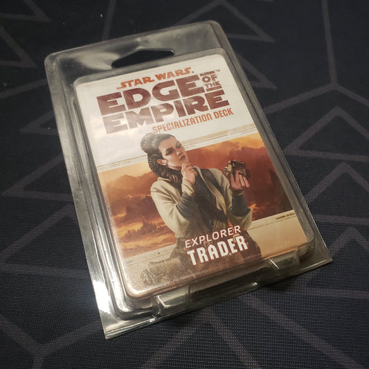 Image shows the front of the clamshell packaging for the Explorer Trader Deck for the roleplaying game Star Wars: Edge of the Empire