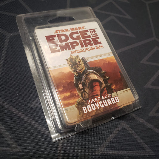 Image shows the front of the clamshell packaging for the Hired Gun Bodyguard Deck for the roleplaying game Star Wars: Edge of the Empire