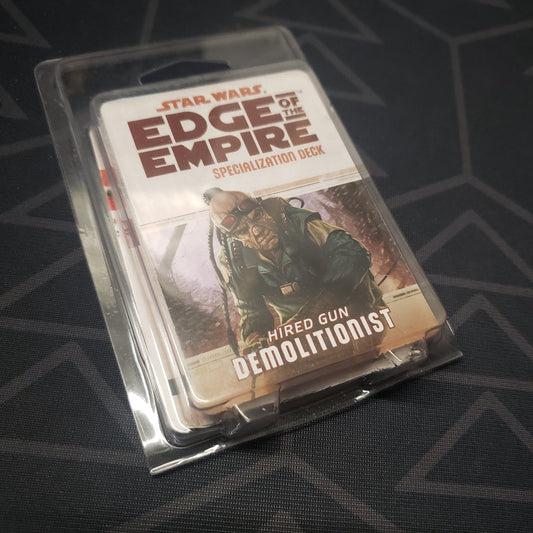 Image shows the front of the clamshell packaging forf the Hired Gun Demolitionist Deck for the roleplaying game Star Wars: Edge of the Empire