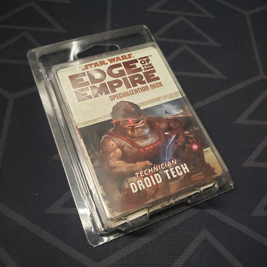 Image shows the front of the clamshell packaging for the Technician Droid Tech Deck for the roleplaying game Star Wars: Edge of the Empire