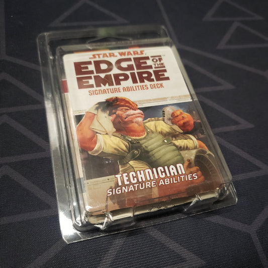 Image shows the front of the clamshell packaging for the Technician Signature Abilities Deck for the roleplaying game Star Wars: Edge of the Empire