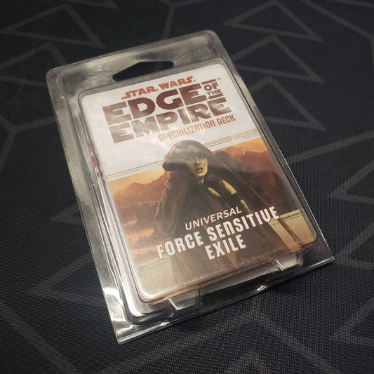Image shows the front of the clamshell packaging for the Universal Force Sensitive Exile Deck for the roleplaying game Star Wars: Edge of the Empire