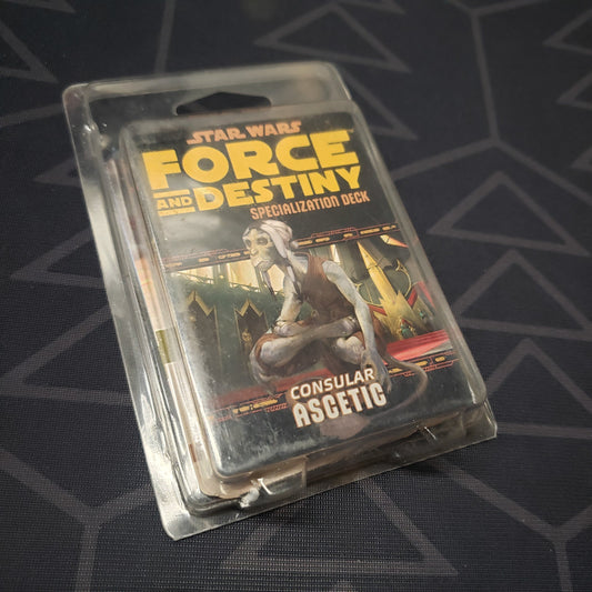 Image shows the front of the clamshell packaging for the Consular Ascetic Deck for the roleplaying game Star Wars: Force and Destiny