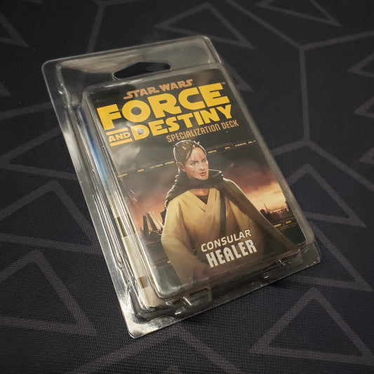 Image shows the front of the clamshell packaging for the Consular Healer Deck for the roleplaying game Star Wars: Force and Destiny