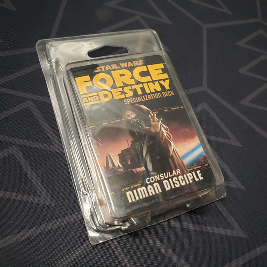 Image shows the front of the clamshell packaging for the Consular Niman Disciple Deck for the roleplaying game Star Wars: Force and Destiny