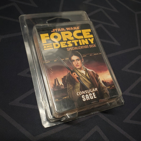Image shows the front of the clamshell packaging for the Consular Sage Deck for the roleplaying game Star Wars: Force and Destiny