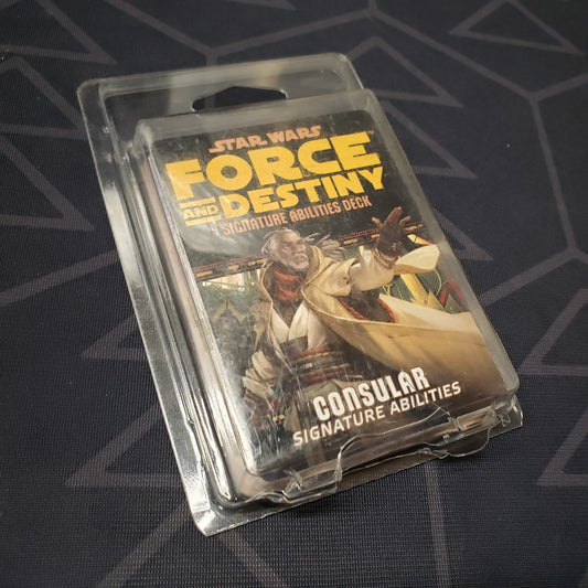 Image shows the front of the packaging of the Consular Signature Abilities Deck box for the roleplaying game Star Wars: Force and Destiny