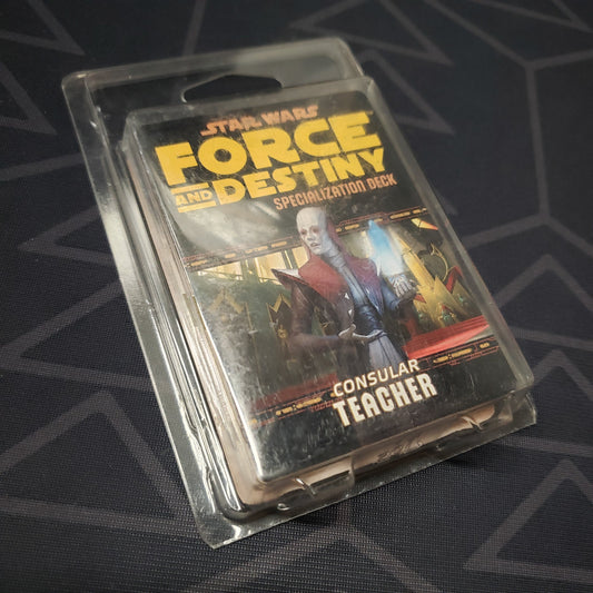 Image shows the front of the clamshell packaging for the Consular Teacher Deck for the roleplaying game Star Wars: Force and Destiny