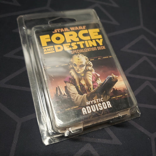 Image shows the front of the clamshell packaging for the Mystic Advisor Deck for the roleplaying game Star Wars: Force and Destiny