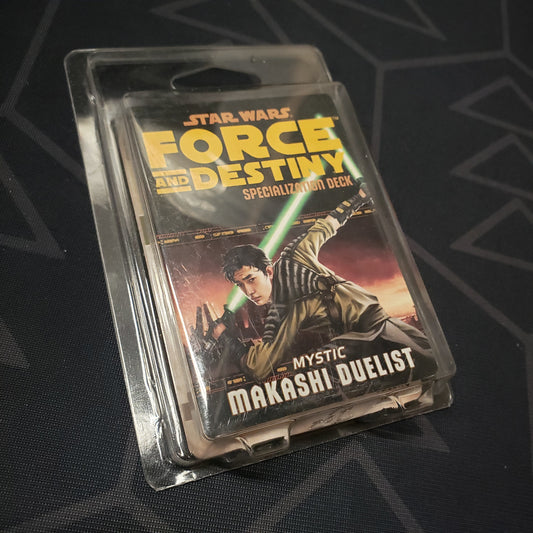 Image shows the front of the clamshell packaging for the Mystic Makashi Duelist Deck for the roleplaying game Star Wars: Force and Destiny