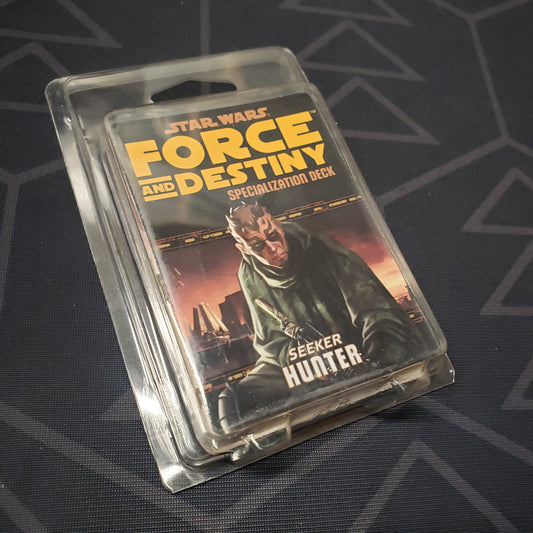 Image shows the front of the clamshell packaging for the Seeker Hunter Deck for the roleplaying game Star Wars: Force and Destiny