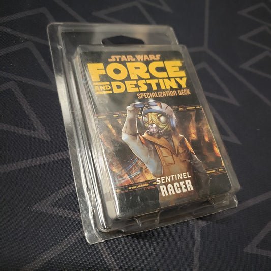Image shows the front of the packaging of the Sentinel Racer Deck box for the roleplaying game Star Wars: Force and Destiny