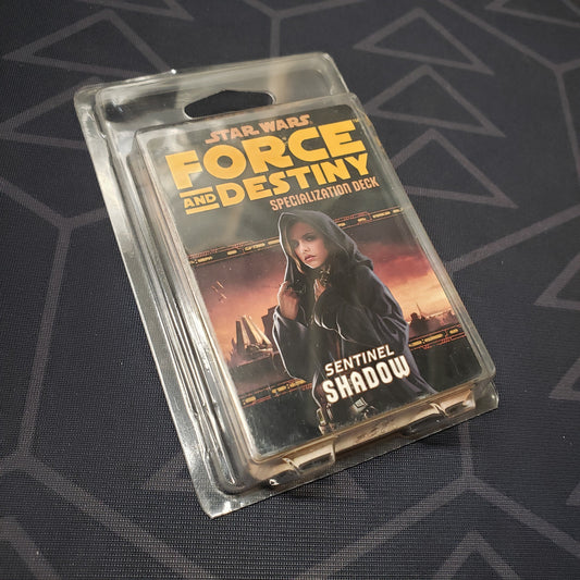 Image shows the front of the clamshell packaging for the Sentinel Shadow Deck for the roleplaying game Star Wars: Force and Destiny