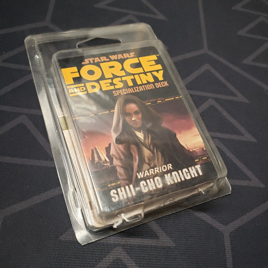 Image shows the front of the clamshell packaging for the Warrior Shii-Cho Knight Deck for the roleplaying game Star Wars: Force and Destiny