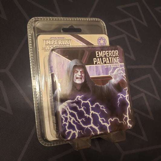 Image shows the front of the package for the Emperor Palpatine Pack expansion for the board game Star Wars: Imperial Assault