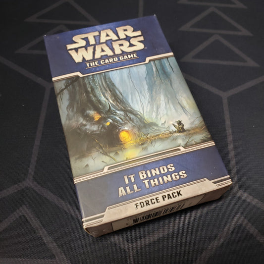 Image shows the front cover of the box of the It Binds All Things expansion for Star Wars: The Card Game