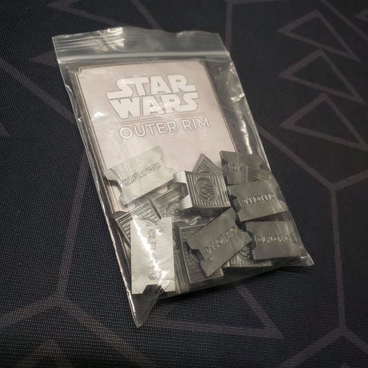 Image shows the packaging baggie of the Premium Reputation Tokens pack for the board game Star Wars: Outer Rim
