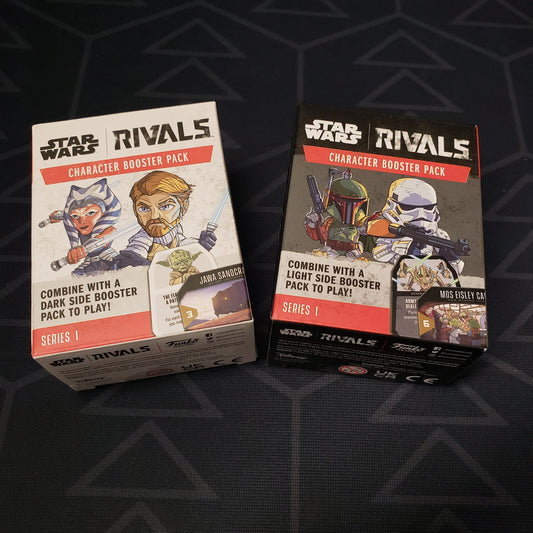 Image shows the front cover of the Light Side & Dark Side booster boxes for the Star Wars Rivals expandable board game