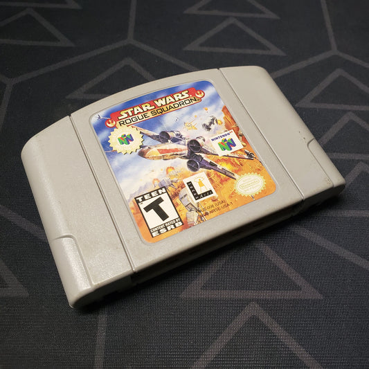 Image shows the front of the cartridge for the video game Star Wars: Rogue Squadron for the Nintendo 64