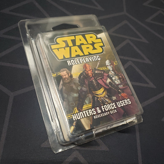 Image shows the front of the clamshell packaging for the Hunters & Force Users Adversary Deck for the Star Wars Roleplaying game system