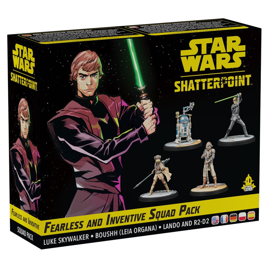 Image shows the front cover of the box of the Fearless and Inventive Squad Pack for the Star Wars Shatterpoint miniatures game