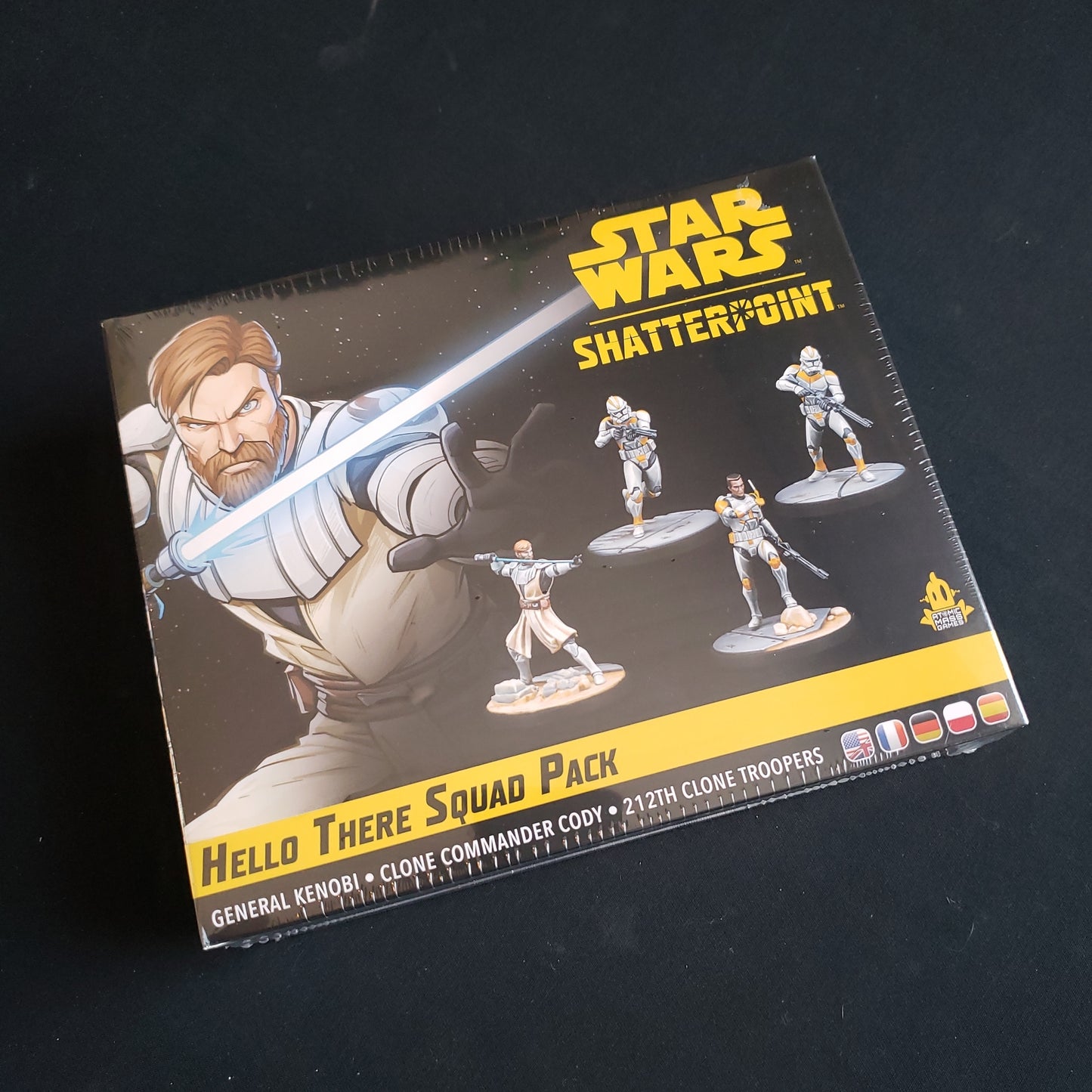 Image shows the front of the box for the Hello There Squad Pack expansion for the board game Star Wars: Shatterpoint