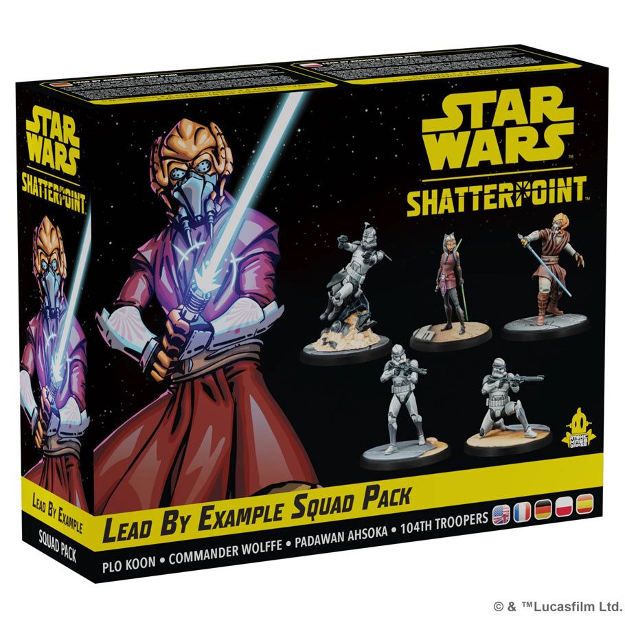 Image shows the front cover of the box of the Lead by Example Squad Pack for the Star Wars: Shatterpoint miniatures game