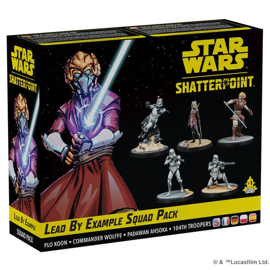 Image shows the front cover of the box of the Lead by Example Squad Pack for the Star Wars: Shatterpoint miniatures game