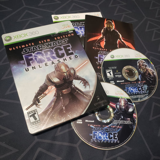 Image shows the case, manual and two discs for the Ultimate Sith Edition of the video game Star Wars: The Force Unleashed for Xbox 360