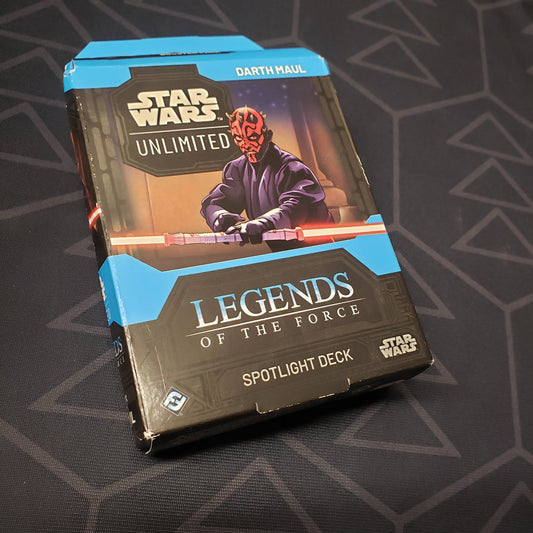 Image shows the front cover of the box of the Legends of the Force Spotlight Deck: Darth Maul expansion for the card game Star Wars Unlimited