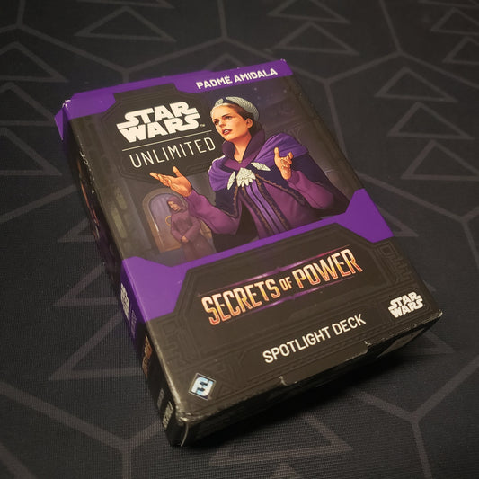 Image shows the front cover of the box of the Secrets of Power: Padme Amidala Spotlight Deck for the card game Star Wars Unlimited