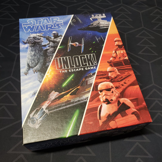 Image shows the front cover of the box for the Star Wars: Unlock! card game