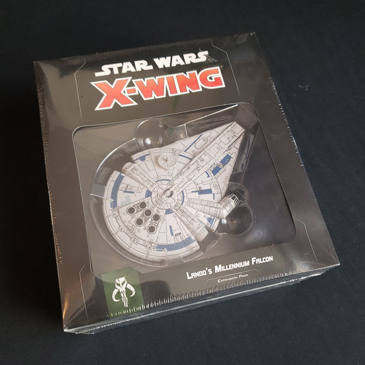 Image shows the front cover of the package of the Lando's Millennium Falcon expansion for the Star Wars: X-Wing miniatures game