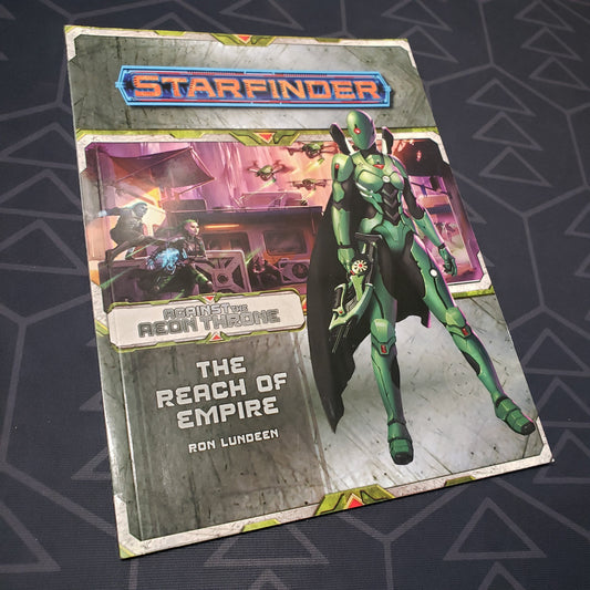 Image shows the front cover of the Against the Aeon Throne #1: The Reach of Empire book for the roleplaying game Starfinder 1E