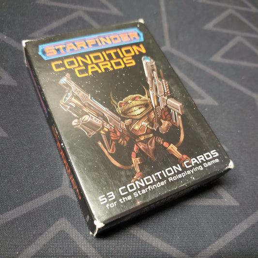 Image shows the front cover of the Condition Cards Deck box for the roleplaying game Starfinder 1E