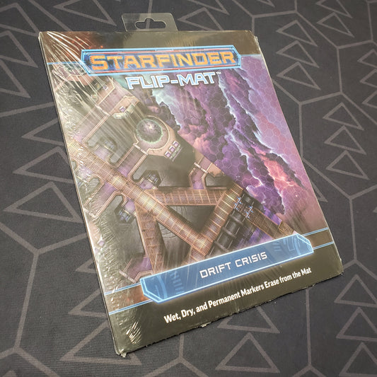 Image shows the front cover of the Flip-Mat: Drift Crisis pack for the roleplaying game Starfinder 1E