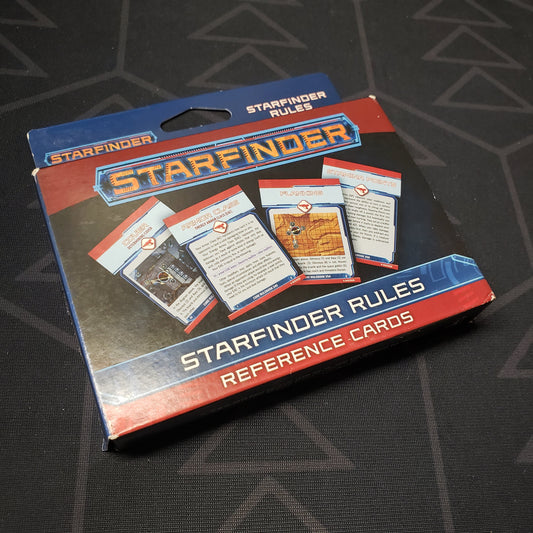 Image shows the front cover of the Rules Reference Cards Deck box for the roleplaying game Starfinder 1E